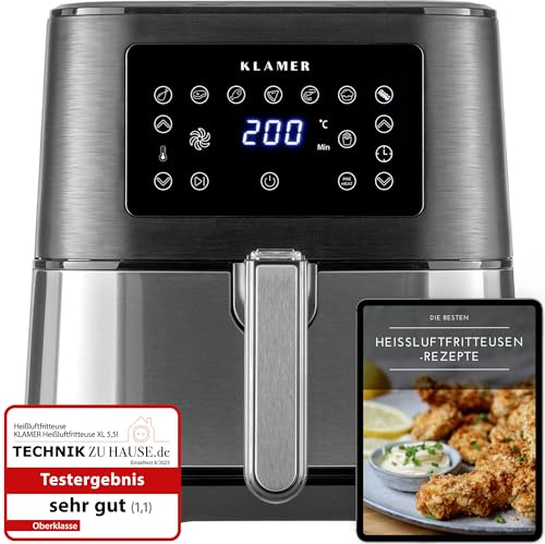 KLAMER Heißluftfritteuse 5,5l XXL, ölfreie Friteuse, 1700W Airfryer mit LED-Touchscreen, digitalem deutschen Rezeptbuch, multifunktionale Mini-Heissluftfrittuese ohne Öl
