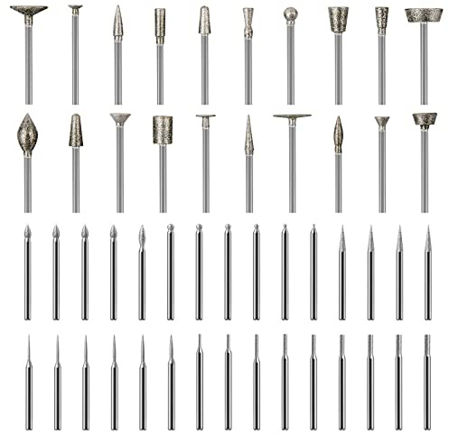 Stone Carving Set Diamond Burr Bits Compatible with Dremel, 50PCS Polishing Kits Rotary Tools Accessories with 1/8’ Shank For Carving, Engraving, Grinding, Stone, Rocks, Jewelry, Glass, Ceramics
