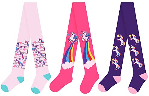 L&K-II Set di 3 collant per ragazze collant per bambini collant per neonate con graziosi motivi a unicorno multicolori in set 2730A 122-128