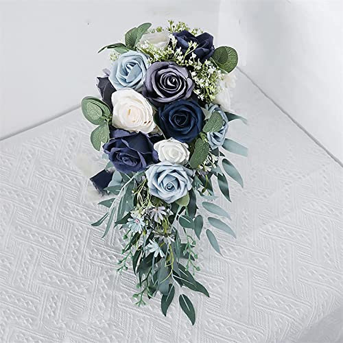 Artificial Rose Wedding Bouquets For Bride, Romantic Vintage Bridal Bouquet, Real Touch Bridal Holding Bouquet For French Wedding Tossing Bouquet,Blue