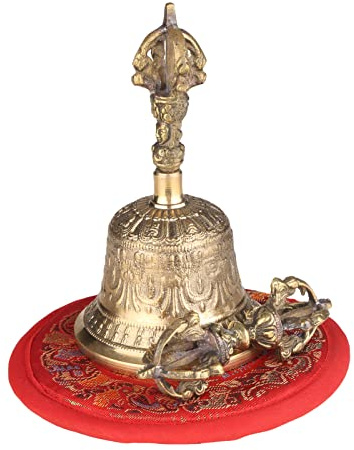 Karlak Campana de mano budista tibetana de bronce con acolchado Vajra para meditación y oración