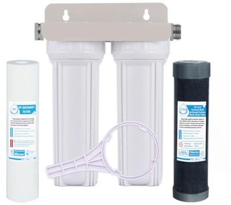 Nasibey External RV Dual Water Filter System for Reducing Sediment, Dirt, Sand, Rust, Scale Particles & Chlorine Taste | 3/4 GHT 304 Adapter,Mounting Bracket and Two Filters Included