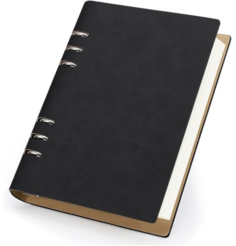 Yarotm Cuaderno de Anillas A5 - Lineas Libreta Cuero PU 14x21cm - 100g/m² Papel Rayas Cuaderno A5 Recargable - 300 Páginas Bloc de Notas Anillas - Notebook Espiral Diario Personal, Negro