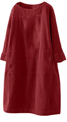 Vestidos para mujer del Reino Unido para mujer, vintage, con bolsillos, de pana, color sólido, manga larga, suelto, casual, vestidos de punto para mujer, Reino Unido, Vino, XXL
