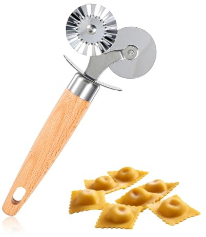 JIEYAO Double-Blade Pastry Cutter Wheel, Pasta Cutter Crimper Wheel, Ravioli Cutter with Hanging Hole Dual Head Wheel Pastry Roller with Wooden Handle for Pasta Pizza Ravioli Cookie Cutter