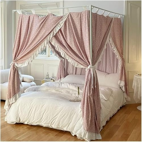 Elegante mosquitera romántica a prueba de luz con 4 postes y marco resistente, cortina de cama rosa para niños y adultos, decoración perfecta para el dormitorio para niñas y niños