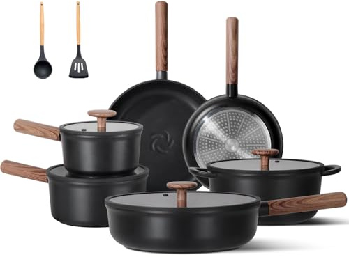 JEETEE Juego de sartenes de cerámica antiadherente, 17 piezas, con asas extraíbles, color negro