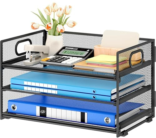 VITVITI 3 Tier Paper Desk Organizer with Handle and 1 Pcs Slideable Letter Tray, A4 Paper File Folder Sorter Metal Mesh Organizer for Home Office School Desk Supplies Organization Storage - Black