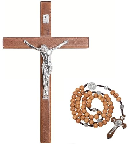 YI Boutique Crucifix Wall Cross, 8 Catholic Crosses, with Wooden Rosary, Wall crucifixes, Wood Crucifix for Wall, Jesus Christian Wall Hanging Cross