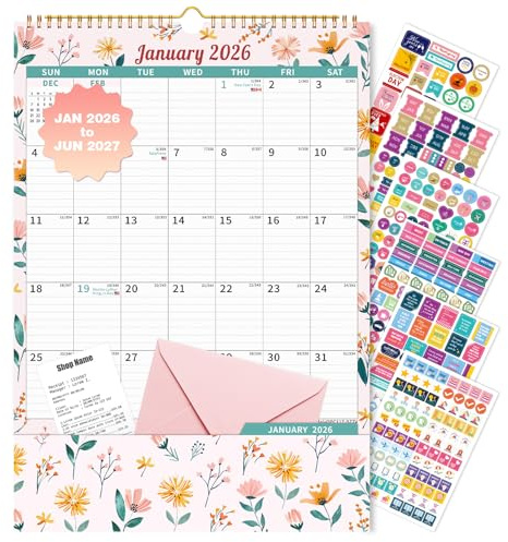 Ospelelf Wall Calendar 2026-2027 with Storage Pocket, 17 X 12 Monthly Large Planner Pad with Protective Cover and Stickers, for Family Fridge Office Teacher Student, January 2026 to June 2027 Ditsy Floral
