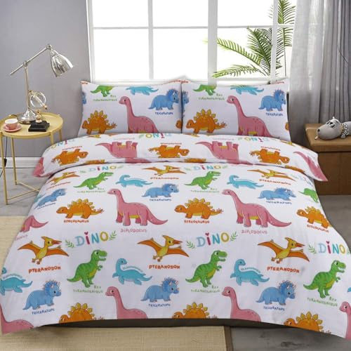 HOMES-LINEN Kids Dinosaur Duvet Cover Set – Polycotton Bedding with Pillowcase Soft & Easy Care Dino Print Quilt Cover for Boys & Girls Bedroom (Single)