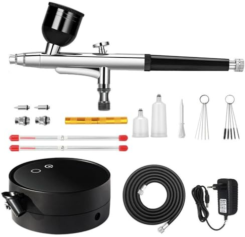 Set de aerógrafo con compresor, set de aerógrafo de doble acción con 3 niveles presión (25/38/48 PSI) y boquillas 0,2/0,3/0,5 mm, set de pistola aerógrafo para manualidades, diseño de uñas y tatuajes