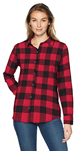 Amazon Essentials Damen Regular-Fit Leichtes Kariertes Langarm-Flanellhemd, Rot Buffalo Karos, L