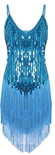 Agoky Vestido de Baile Latino Fiesta para Mujer Chica Top Lentejuelas Brillantes Falda Asimétrica de Flecos Actuación Danza Samba Salsa Traje Salón de Baile Rumba Tango Lago Azul One_Size