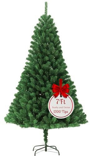 EVRE 7FT Realistic Artificial Christmas Tree 1200 PVC Tips Pine Branches Metal Stand Easy Assembly Bushy Premium Fir Christmas Tree 7FT 210cm Green Large Xmas Tree Indoor Outdoor Holiday Decorations