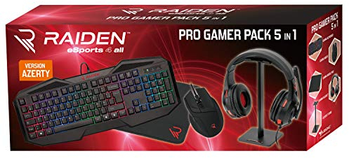 Subsonic - Raiden - Combo Pack d'accessoires Gamer pour PC - Clavier AZERTY - Souris - Casque Gaming - Tapis et Stand