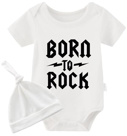 Born to Rock baby kortärmad söt bodysuit overall för spädbarn tvillingar, Vit till stenar hatt, 0-3 Månader