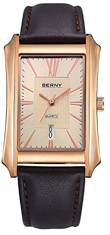 BERNY Orologi da uomo casual al quarzo cassa in acciaio inossidabile con cinturino in pelle rettangolare orologi da uomo (nero, bianco, grigio, oro rosa)
