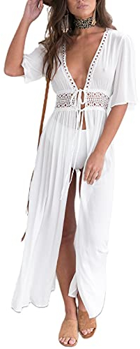 Geagodelia Damen Sexy Strandkleid Vintage Elegante Leichte Sommer Strand Kleider Strandponcho Bikini Cover Up SK-478 (Weiß - Lang, XL)