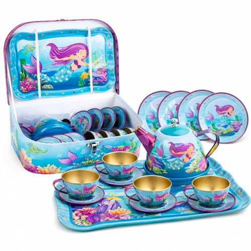 15 Piece Mermaid Tea Party Set for Little Girls, Pretend Tin Teapot Set, Princess Tea Time Play Kitchen Toy with Cups, Plates and Carrying Case for Birthday Gifts Kids Toddlers
