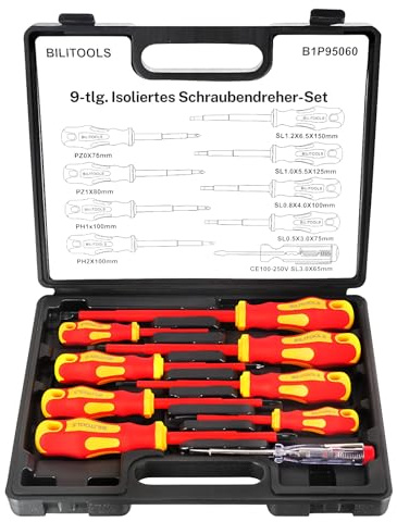BILITOOLS Coffret de Tournevis d'Électricien Isolé 1000V VDE, 9 pièces | Kit d'Outils avec Embouts Magnétiques (Plate, PH, PZ) et Testeur de Tension