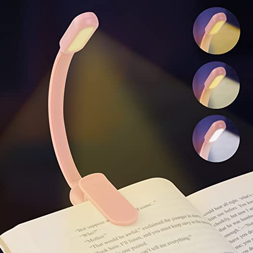 Luz de Lectura LED Luz de libro, Lampara Libro de Lectura con Clip con 3 Modos de Protección de los Ojos(Cálido/Blanco/Mixto), Lampara de Lectura USB Recargable Flexible de 360° para Tablet, Rosa