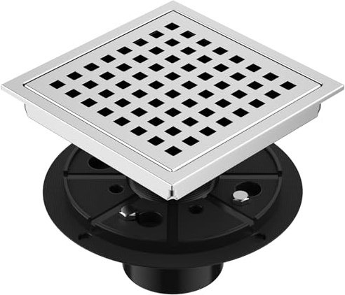 EXF 6 Inch Square Shower Drain Chrome, Stainless Steel Shower Floor Drain Kit with ABS Flange, Removable Grid Cover, Hair Strainer