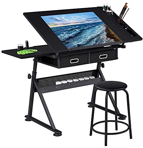 Yaheetech Mesa de Dibujo Inclinable Mesa de Pintura Multifuncional Escritorio con Cajones para Arte Estudio Altura Ajustable Negro 120.5 x 60W x（65-90.5） cm Negro
