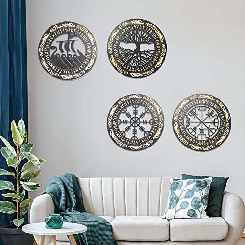 Arsey Wikinger Nordische Mythologie Runen Holzornamente Mittelalter Deko Wandskulpturen Wandornament Kompass Lebensbaum Vegvisir Wanddeko Wohnzimmer Schlafzimmer Wandbild, Holz, Gelb, 4 Stücke