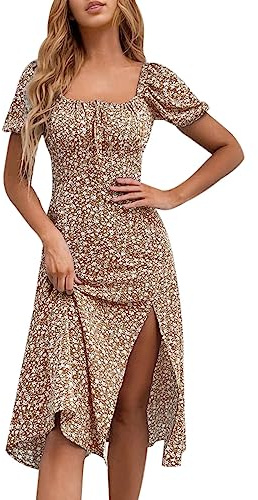 SPRIME Women's Floral Summer Casual Dress Square Neck Puff Sleeve Boho Midi Dresses Ruched Bust High Waist Split Long Dress