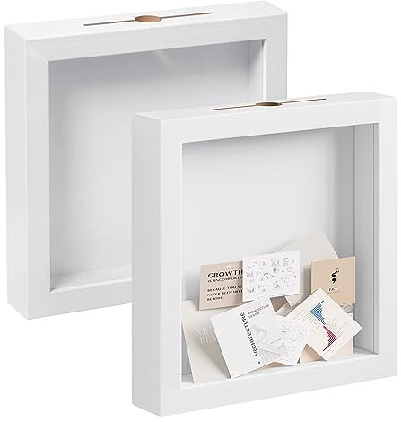 EUGAD Juego de 2 Marcos con Profundidad 30x30 cm, Caja de Sombra para Objetos y Fotos con Profundidad 3cm, Marcos de Fotos 3D con Ranura para Boda Ceremonia, Madera+Plástico, Blanco