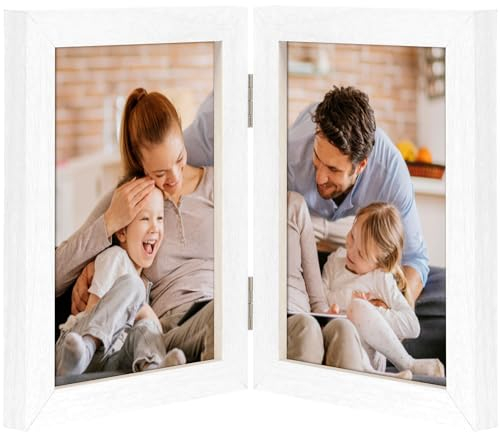 Gatphy Double Sided Photo Frame 4x6 Hinged Folding Wood Picture Frame with Definition Glass Stand Hinged Photo Frame Vertical on Desktop Folding Family Frames Collage Hold 2 Photos (Double White)