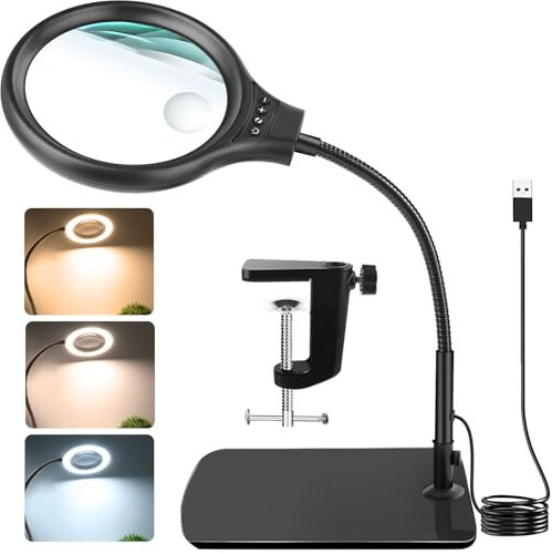 JUOIFIP förstoringsglas 10 x 20 med LED-ljus och stativ, 2-i-1 upplyst förstoringsglas flexibel svanhals stor bas och klämma, för reparation hantverk lödning läsning