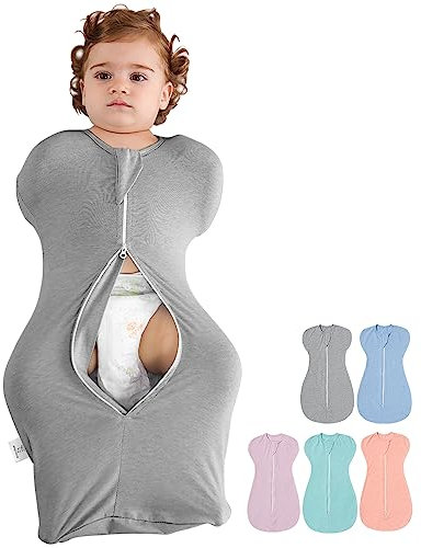Tyuodna Baby Pucksack 0-3/3-6 Monate, Baumwolle Sommerschlafsack Arme Hoch Position, Swaddle Up Übergangsschlafsack Anti-Erschrecken, Schlafsack Mit Loser Saum (Grau, 0-3 Monate)