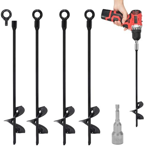 4pcs Black Screw Anchors with 1 Transfer Head, Windproof Camping Fixed Tent Stakes, Removable Drilling Ground Tools, Heavy Duty Ground Anchor for Tents, Canopies, Sheds, Trampoline, Swing Sets