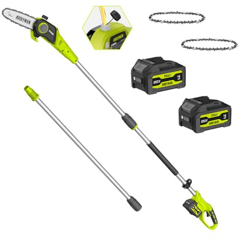 Alloyman Pole Saw Cordless, 8-Inch Electric Pole Chainsaw for Tree Trimming,Up to 15FT Overhead Reach, 20V Battery Powered Pole Chain Saw，Tree Trimmer Limb Branch Cutter Pruner with 2 * 4.0 Battery