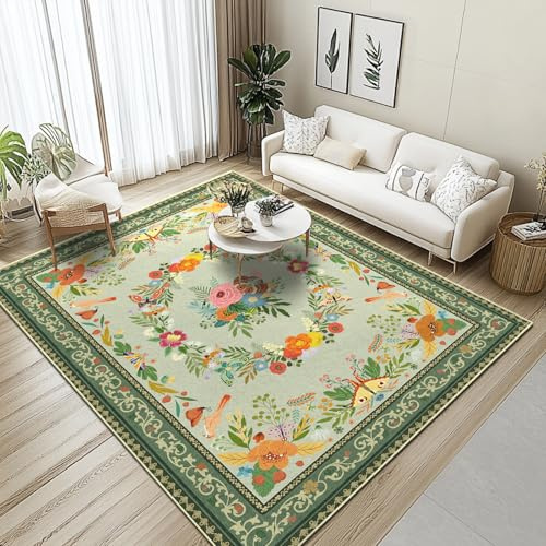 GthreeD Teppich Wohnzimmer Waschbarer 160x230 cm-Boho Kurzflor Teppich Großer Schlafzimmer-Orientalischer Vintage Weich rutschfest Design für Schlafzimmer,Esszimmer,Küchen,Blumen-Grün