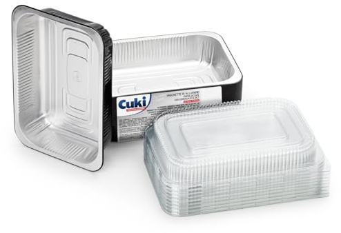 Cuki Professional Bandejas de aluminio con tapas ultrarresistentes, 4 porciones, lacadas, 24 x 17 x h5 cm, 1 paquete de 25 unidades, desechables para horno, microondas, nevera, cocción, conservación