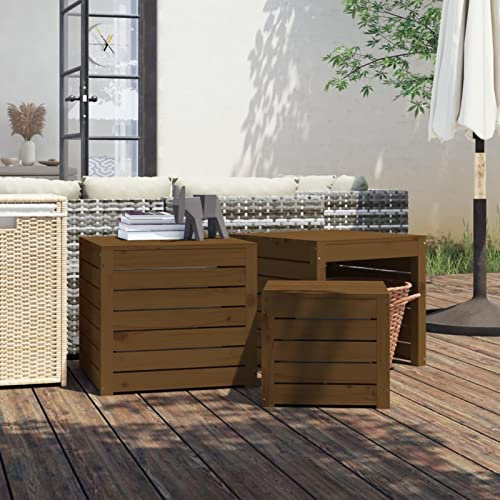 Gecheer Set di scatole da giardino, 3 pezzi, marrone miele, legno di pino massiccio, contenitore di immagazzinaggio esterno, organizer per attrezzi, cassapanca per balcone, piscina e terrazza