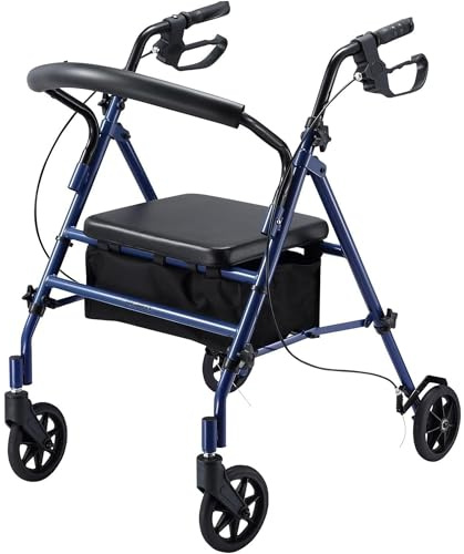 JupiterJX Lightweight Folding Rollator, Aluminium Rollator with Seat and Wheels – Four Wheels Disability Aids Walkers, Lockable Brakes Mobility Walker for Elderly Disabled 110KG Capacity (Blue 2)