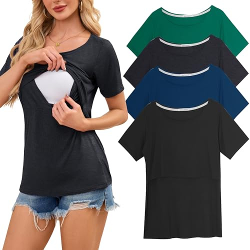 Smallshow Women's Nursing Tops Ribbed Short Sleeve Breastfeeding Clothes 4 Pack,Black-Deep Green-Deep Grey-Teal,M