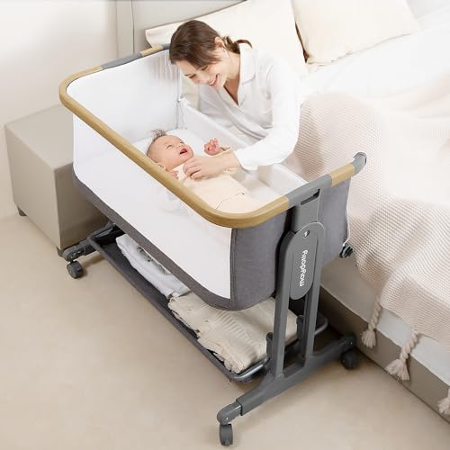 Maydolly 3 in 1 Baby Bedside Crib, Next to Me Crib with Mattress,Rocking Bassinets Bedside with Storage Basket and Wheels, 7 Height Adjustable,Portable Baby Bed for Newborn Infant(grey)