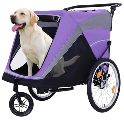 MyVoice 2-in-1 Pet Bike Trailer & Dog Stroller for Safe Travel, Large Dog Bicycle Trailer Carrier for Pets up to 100 lbs - Storage Bag, Quick Release Wheels, All-Weather Protection (Purple)