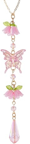 LuneClat Butterfly Crystal Car Rearview Mirror Charm - Pink Lily of The Valley Flower Beaded Pendant, Elegant Hanging Cars Interior Decor Ornament & Accessories, for Women