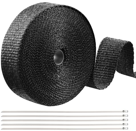 Holtrae Bande Thermique Echappement 15Mx5CM Ruban de Protection Contre la Chaleur Tuyau d'échappement de Moto avec 5 Collier de Serrage pour Moto et Voiture Tuyau Manifold Echappement (Noir)