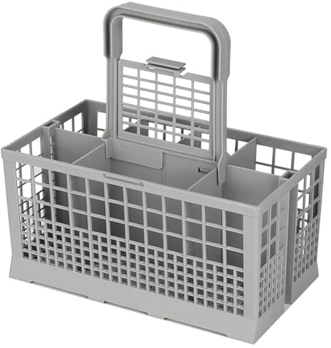 Bestickkorg för diskmaskin, avtagbart handtag, hållbart plastnät, 24 x 14 x 12,4 cm, kompatibel med universella reservdelar, grå