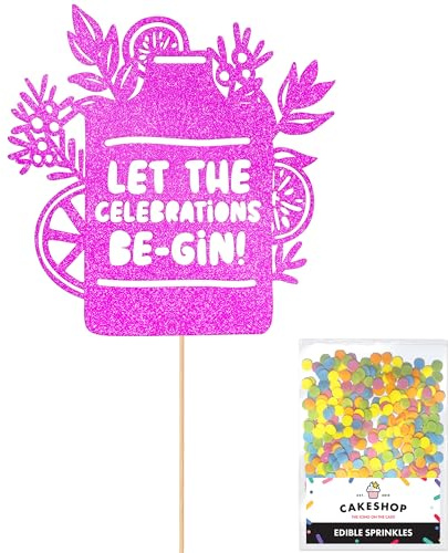Cakeshop Let The Celebrations Be-Gin Glitter Cake Topper Decoration - Pink Custom Colour - Funny Gin Theme Cake Decoration - Toppers for Cakes