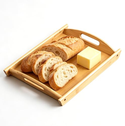 Natural Wood Color Bamboo Servings Platter with Handles, Rectangular Wooden Serving Tray, Food Serving Platter for Breakfast Dinner Snack Tea, Home Kitchen Table Decor & Daily Use (33 x 23 x 3 cm)