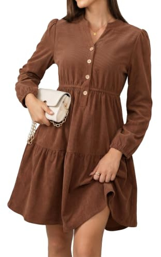 Fashora Robe Manche Longue Femme Robe Col V Chic et Elegant | Robe Velours Côtelé Femme, A-Line Casual Robe, Robes Taille Haute Élastiquée, Midi Dress, Robe Bohem, Automne, Hiver
