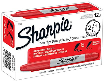 Sharpie Twin-Tip Permanent Markers, Fine/Ultra Fine Points, Red, Pack of 12